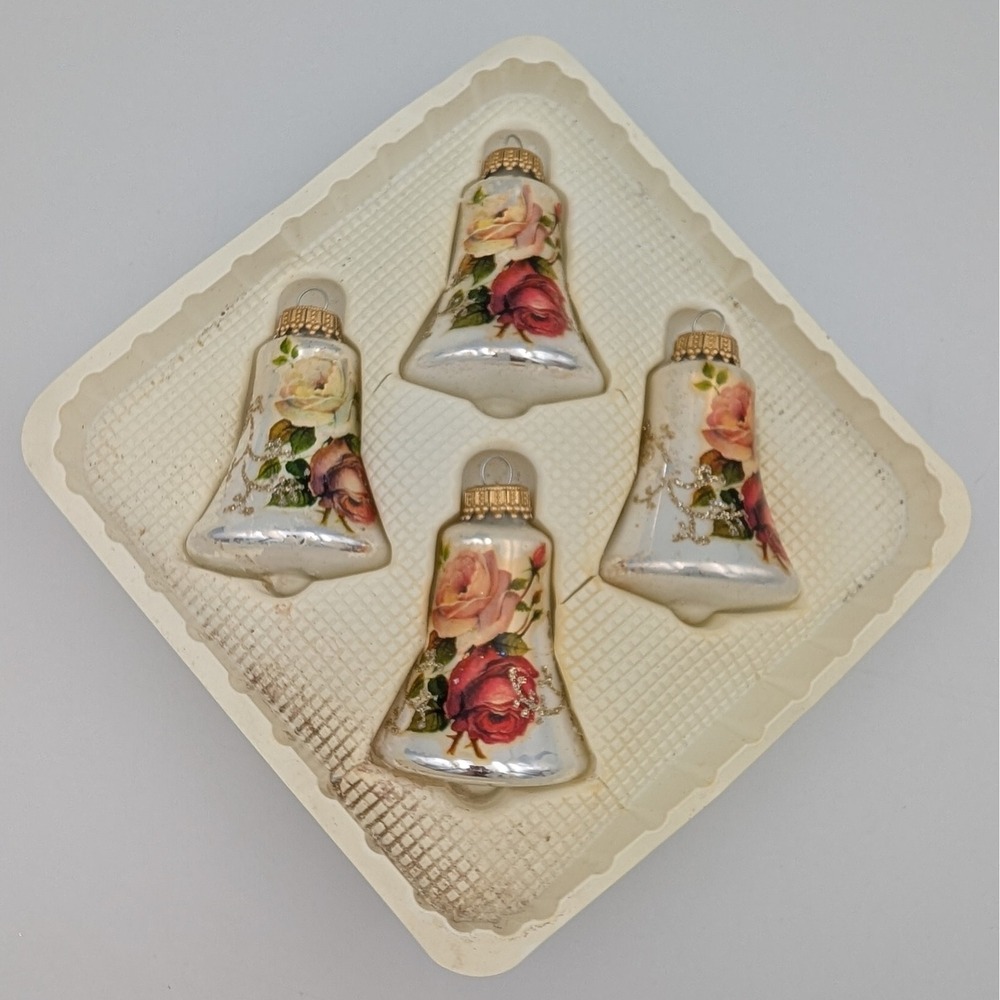 Christmas by Krebs Glass Bell Ornaments Vintage Floral Rose Hand Decorated 4pk